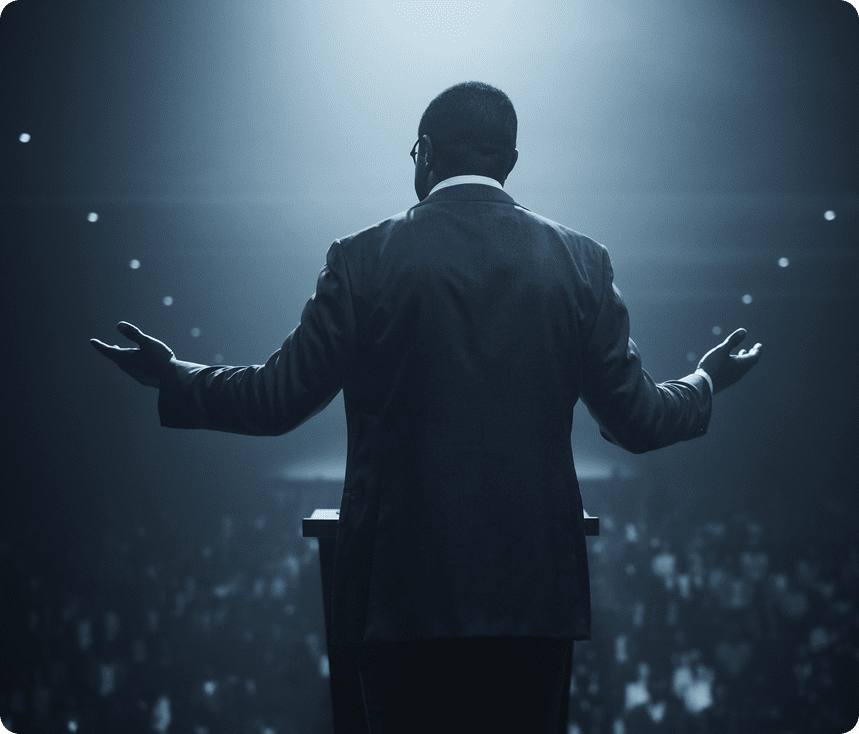 A man in a suit speaking to an audience on stage.
