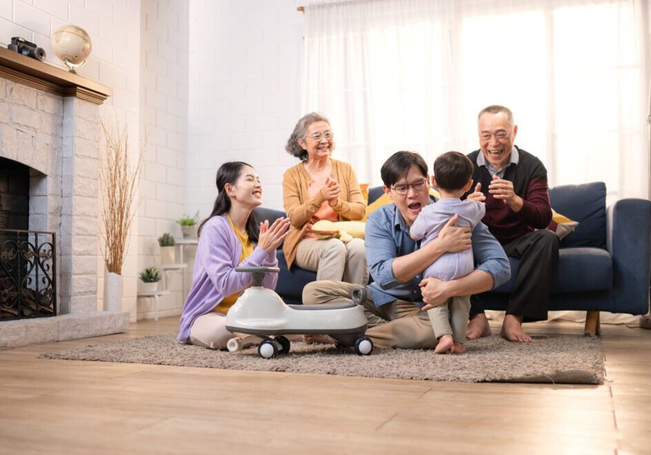 Family enjoying time together in living room.